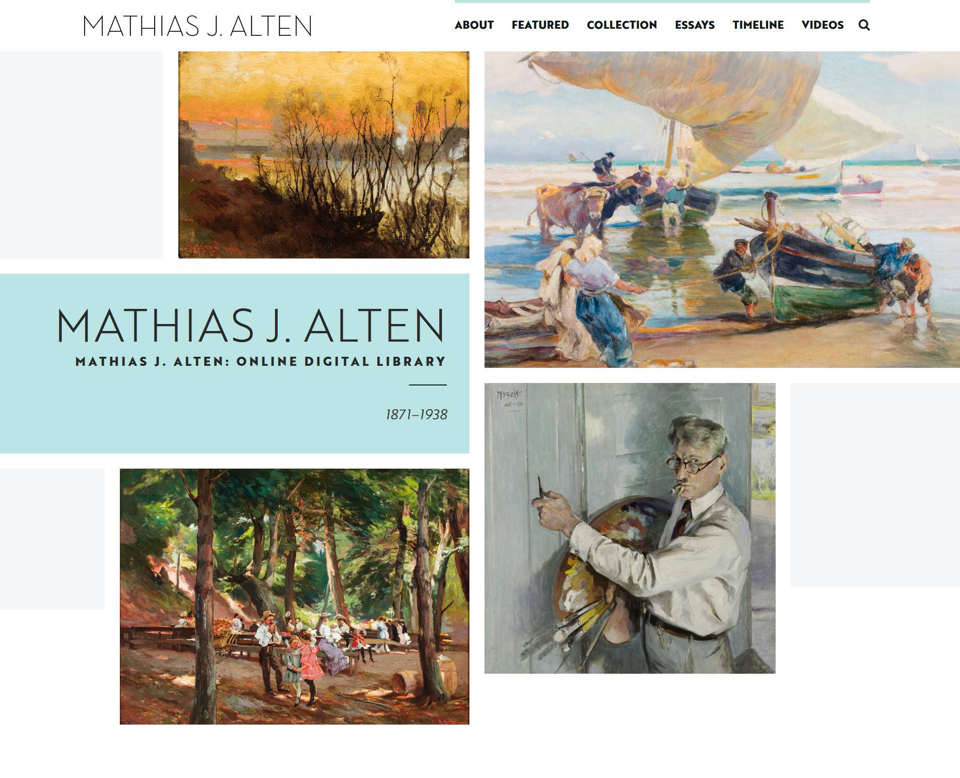 Screenshot of the main website for the Alten Online Digital Library that includes four examples of Mathias Alten's paintings, three landscapes and a self-portrait.